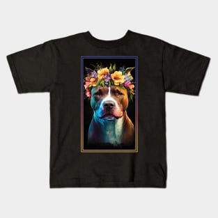 American Staffordshire Terrier Pitbull Vibrant Tropical Flower Tall Digital Oil Painting Portrait  9 Kids T-Shirt